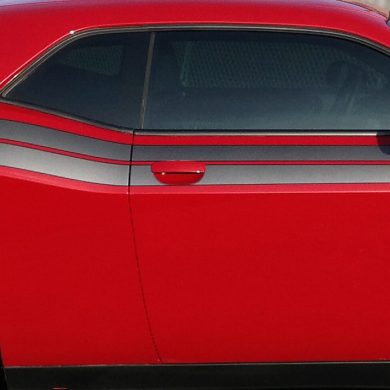 Auto Paint Shop Near Me Dales | Sports Car Customizations on R/T Scat Pack | Dales Custom Auto | Hackettstown NJ Red Dodge Challenger R/T Scat Pack and Custom Hand Painted Racing Stripes by Dales Custom Auto graphic customizations in Hackettstown, NJ.